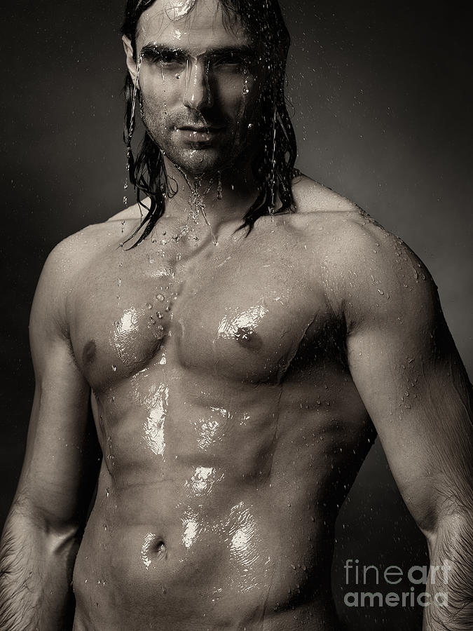 Portrait of man with wet bare torso standing under shower Black  Photograph by Maxim Images Exquisite Prints