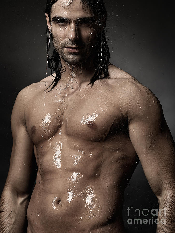Portrait of man with wet bare torso standing under shower Photograph by Maxim Images Exquisite Prints