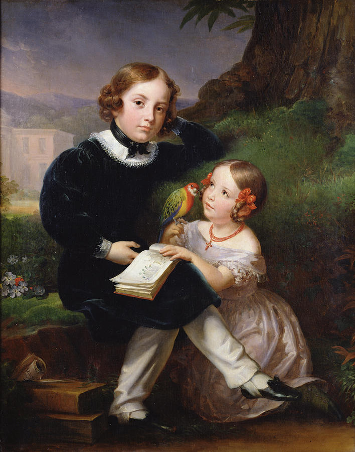 Parrot Photograph - Portrait Of The Children Of Pierre-jean David Dangers Oil On Canvas by Marie Eleonore Godefroid