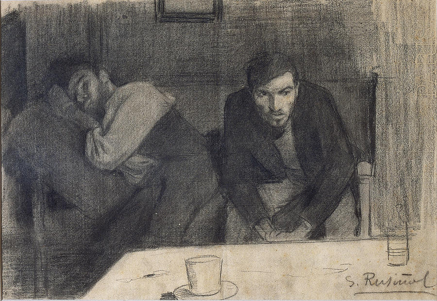 Portrait of the Sculptor Carles Mani and the Painter Pere Ferran Drawing by Santiago Rusinol