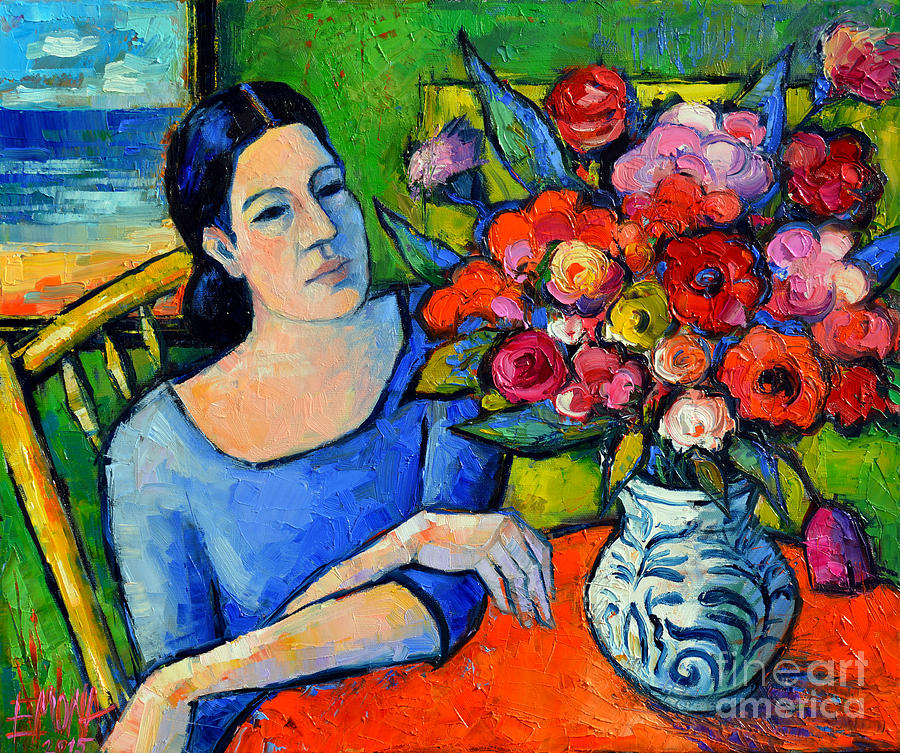 Portrait Of Woman With Flowers Painting by Mona Edulesco