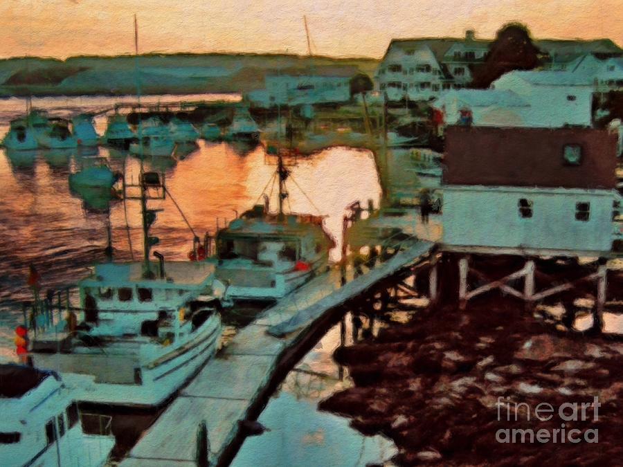 H Portsmouth Harbor Boats at Sunset - Horizontal Painting by Lyn Voytershark