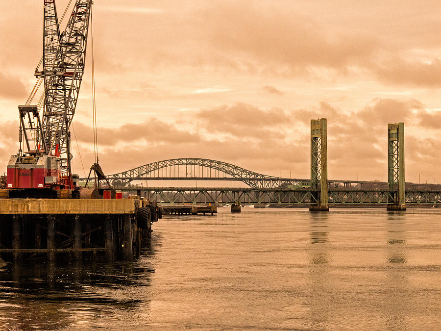 Crane Photograph - Portsmouth Harbor with Bridges by Nancy De Flon