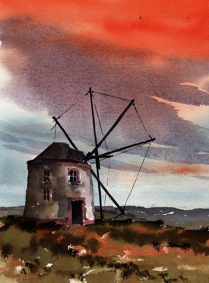 PORTUGAL  Windmill Red Sky Painting by Val Byrne