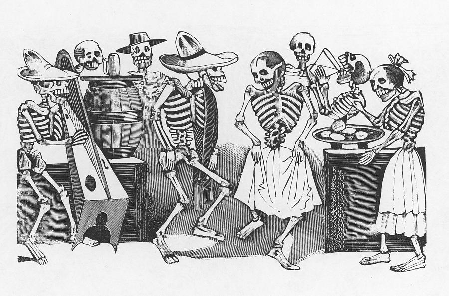Happy Dance and Wild Party of All the Skeletons Drawing by Jose Guadalupe Posada