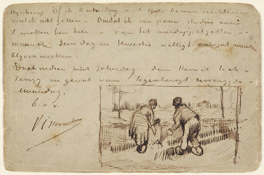 Postcard with Two Peasants Digging Drawing by Vincent van Gogh