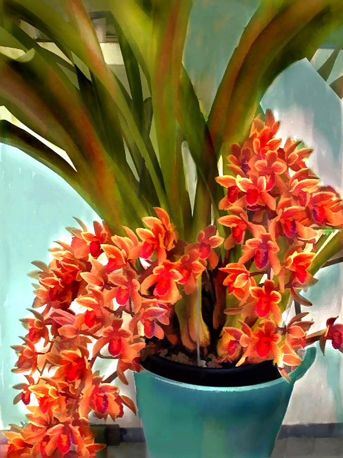 Pot of Rust Orange Orchids Painting by Elaine Plesser