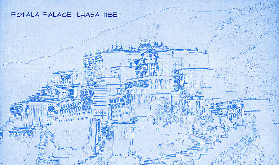 Potala Palace  Lhasa Tibet  - BluePrint Drawing Digital Art by MotionAge Designs