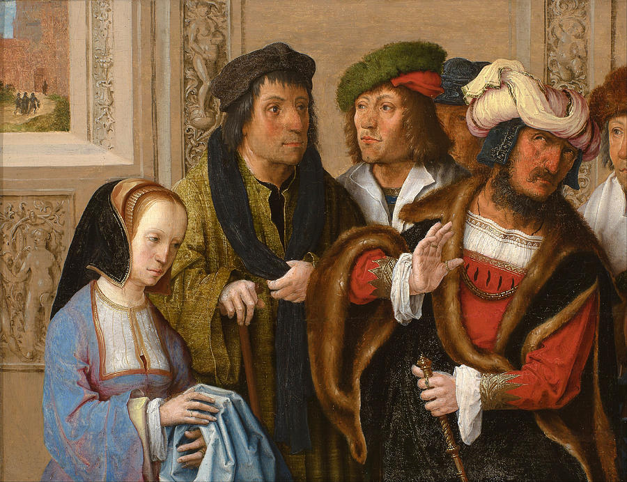 Potiphars wife shows her husband Josephs cloak Painting by Lucas van Leyden