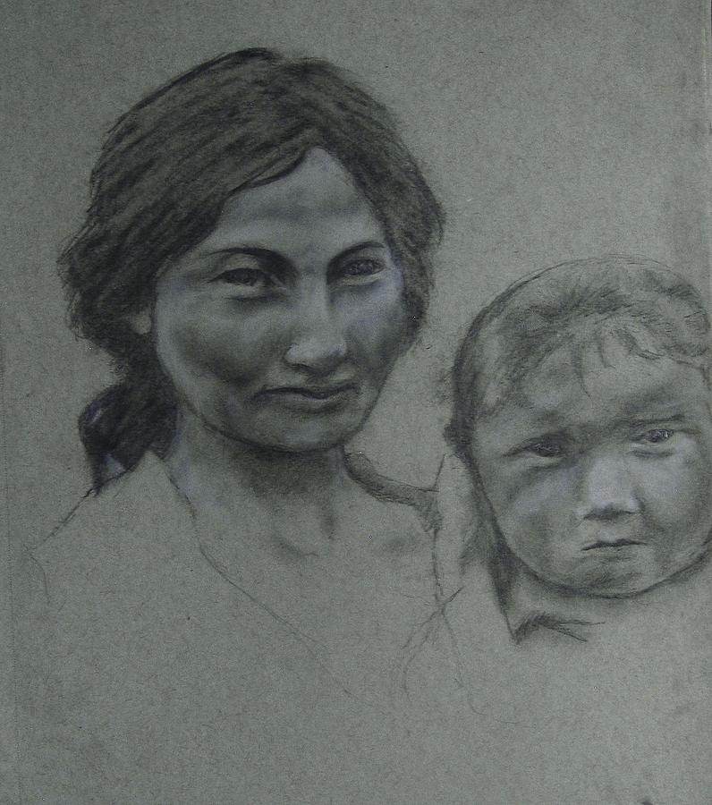 Black And White Drawing - Potrait of Mother and Child by Molly Grover