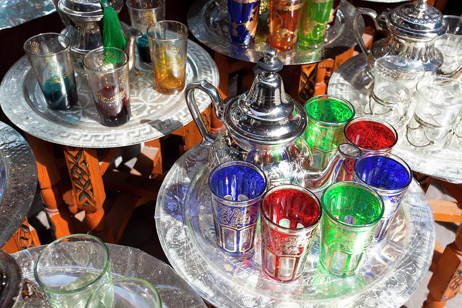 Tea Photograph - Pots Of Mint Tea And Glasses, The Souk by Peter Adams