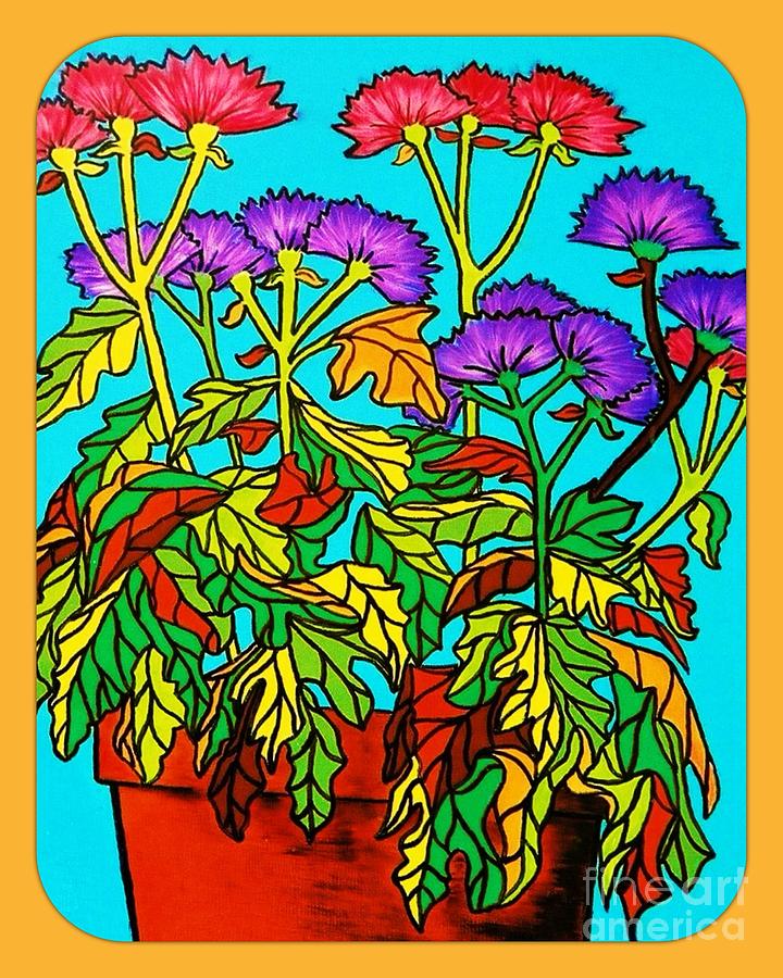Chrysanthemums Painting - Potted Mums Framed by Joan-Violet Stretch