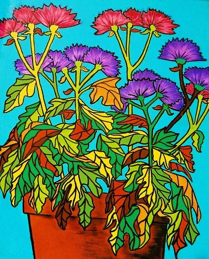 Potted Mums Painting by Joan-Violet Stretch