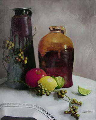 Pottery Painting - Pottery And Fruit by Diana L Hund Pottery Painting - Pottery And Fruit by Diana L Hund