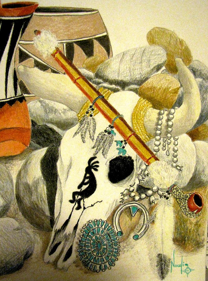 Native American Painting - Pottery and Skull by BD Nowlin
