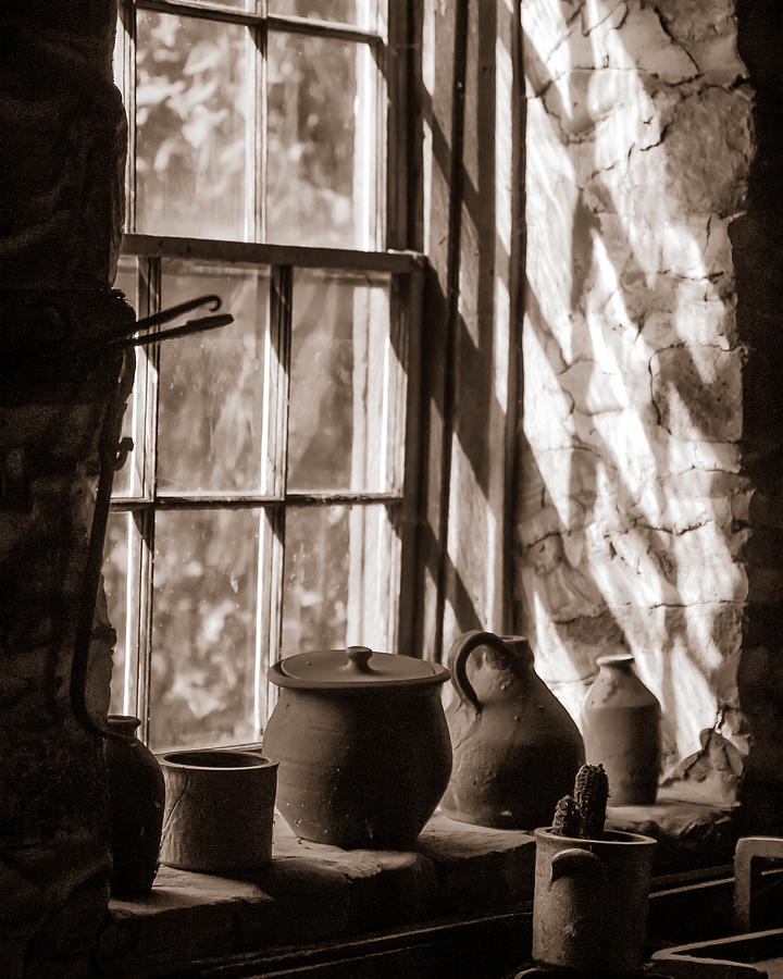 Pottery on a stone sill Photograph by Chris Bordeleau