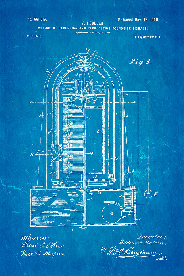 Vintage Photograph - Poulsen Magnetic Tape Recorder Patent Art 1900 Blueprint by Ian Monk
