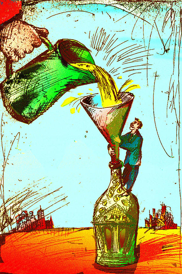 Pouring Liquid Gold into Bottle Drawing by Vasily Kafanov