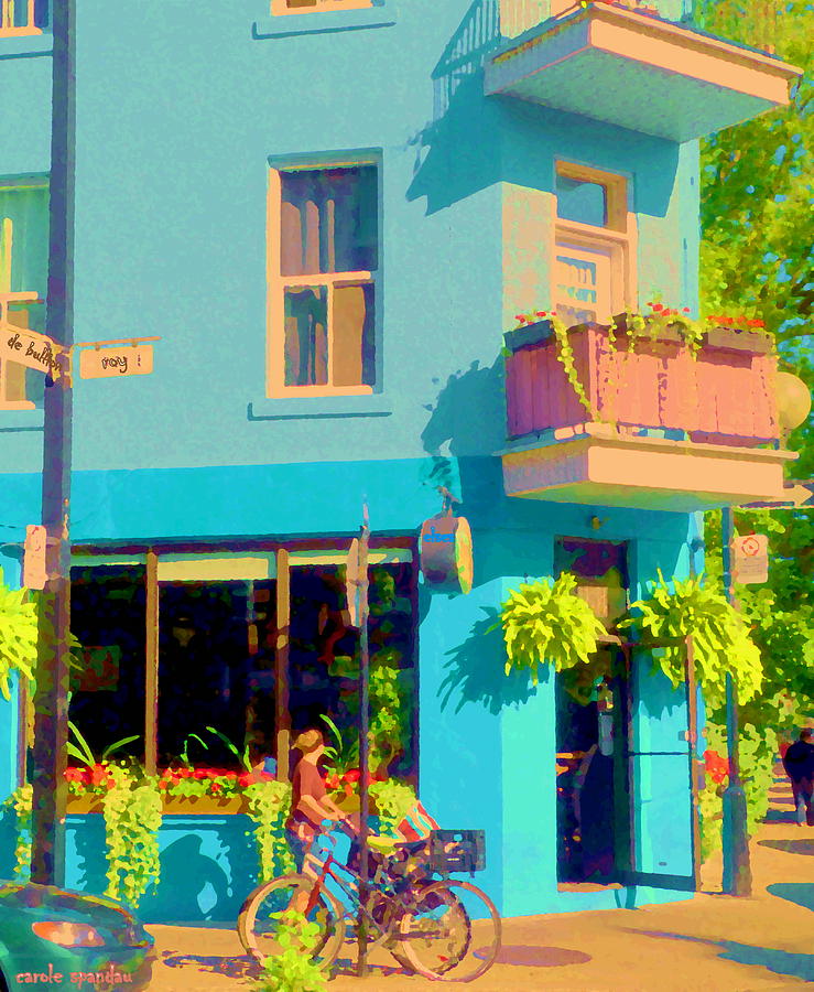 Summer Painting - Powder Blue Corner Cafe Elses Pub Rue Roy  Montreal Sunny Summer Cafe Scene Carole Spandau by Carole Spandau