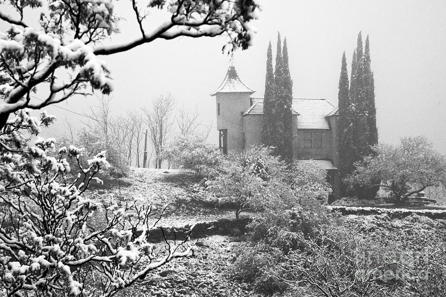 Powderbox Church with snow in Jerome Arizona Photograph by Ron Chilston