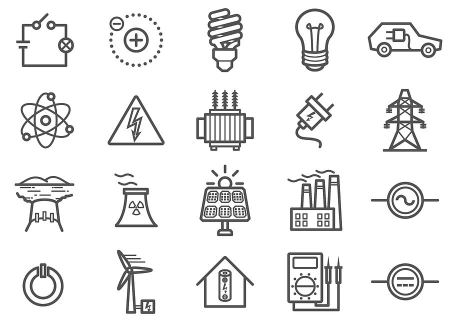 Power and Electricity Line Icons Set Drawing by Supphawat Satichob