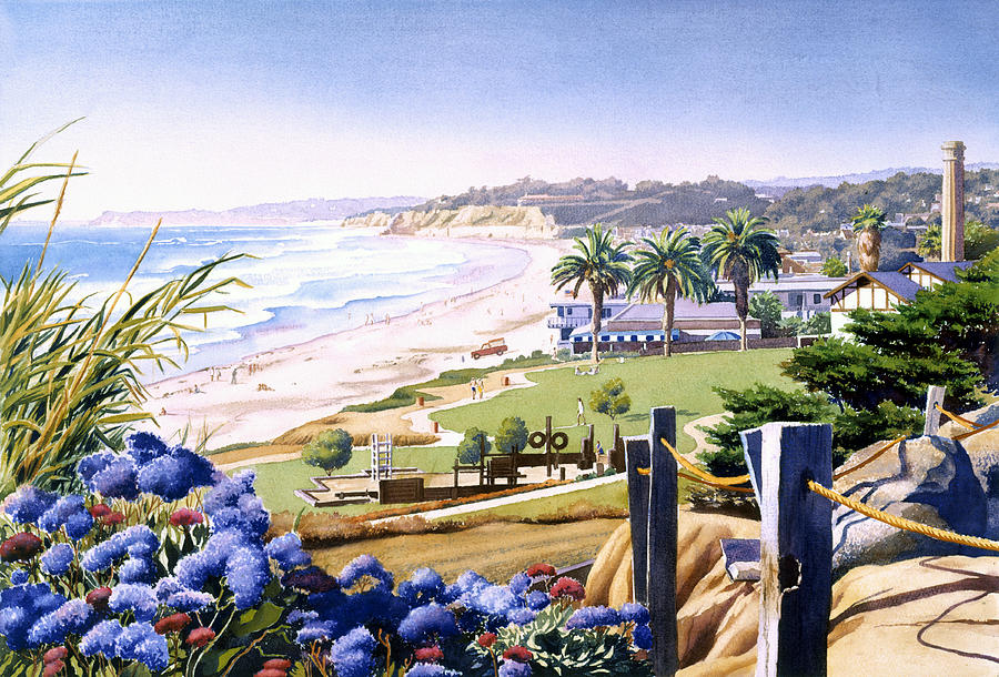 Powerhouse Beach Del Mar Blue Painting by Mary Helmreich