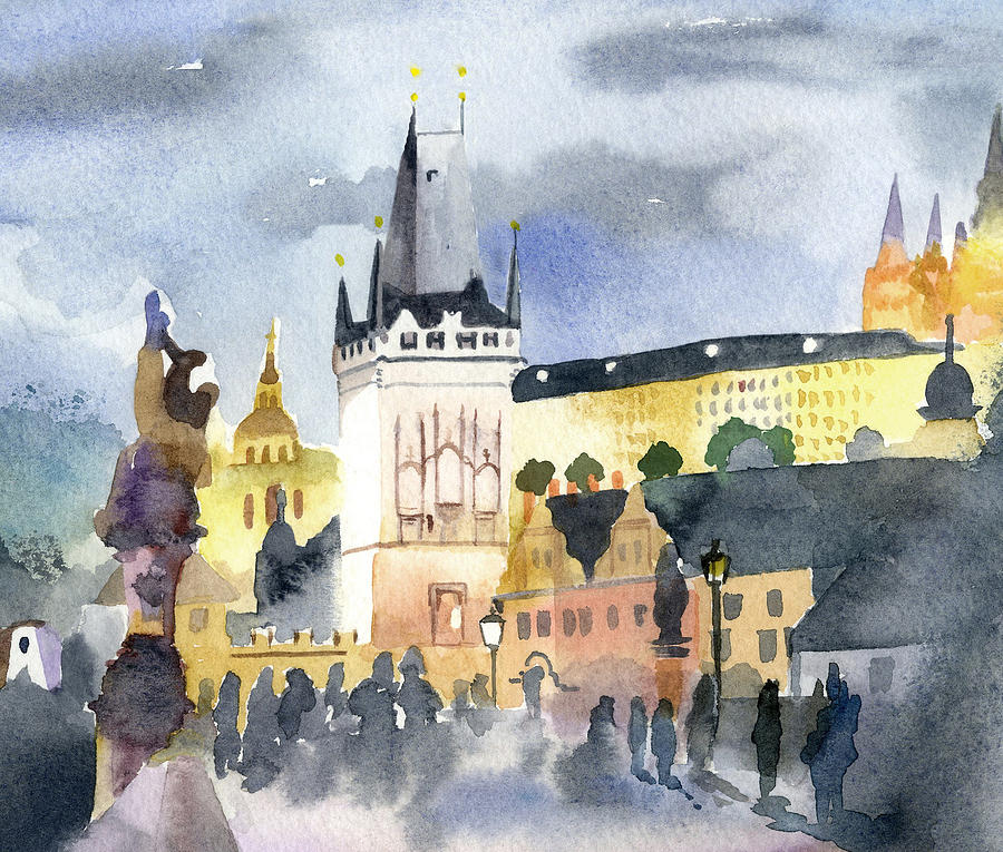 Watercolour Painting - Prague at Night by Lydia Irving