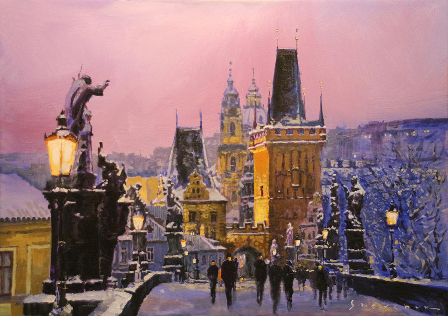 Winter Painting - Prague Charles Bridge  Winter Evening by Yuriy Shevchuk