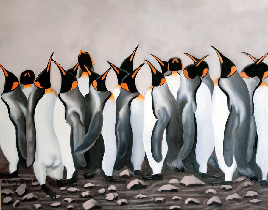 Bird Painting - Praising Penguins by Anthony Falbo