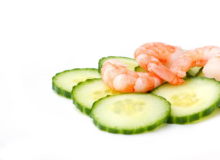 Cheese Photograph - Prawns and cucumbers on white by Fizzy Image