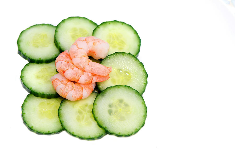 Cheese Photograph - Prawns on a bed of cucumbers by Fizzy Image
