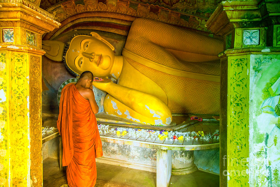 praying buddhist monk by a lying buddha in Sri Lanka Photograph by Gina Koch