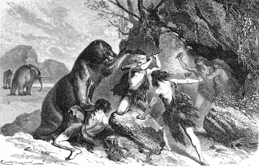 Prehistoric Men Battle Cave Bear Photograph by British Library