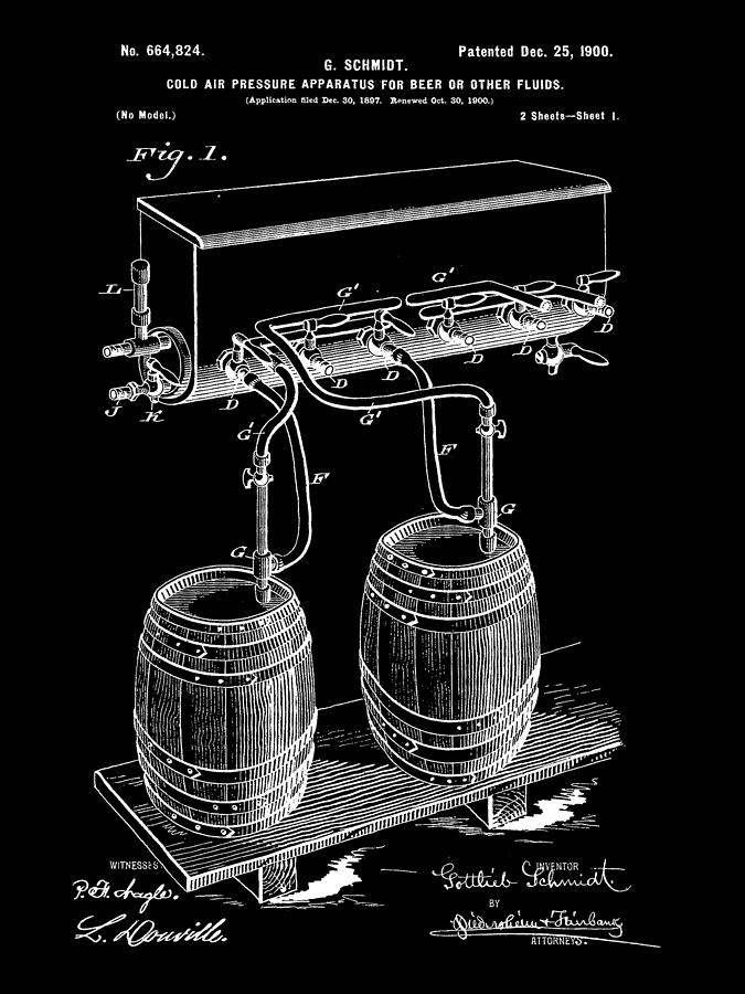Beer Digital Art - Pressure Apparatus for Beer Patent 1897 - Black by Stephen Younts