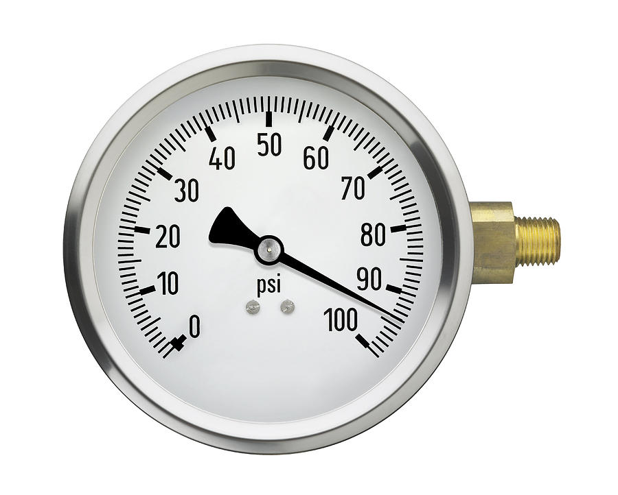 Pressure Gauge with high reading, isolated on white Photograph by Jonathansloane