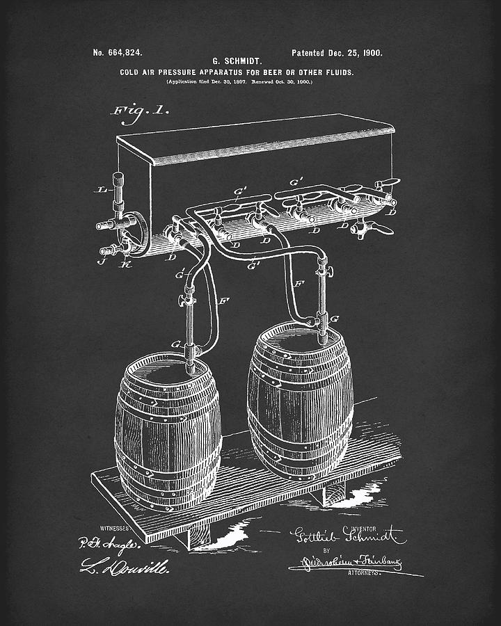 Pressure System for Beer 1900 Patent Art Black Drawing by Prior Art Design