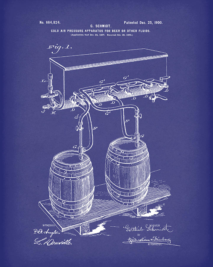 Pressure System for Beer 1900 Patent Art Blue Drawing by Prior Art Design