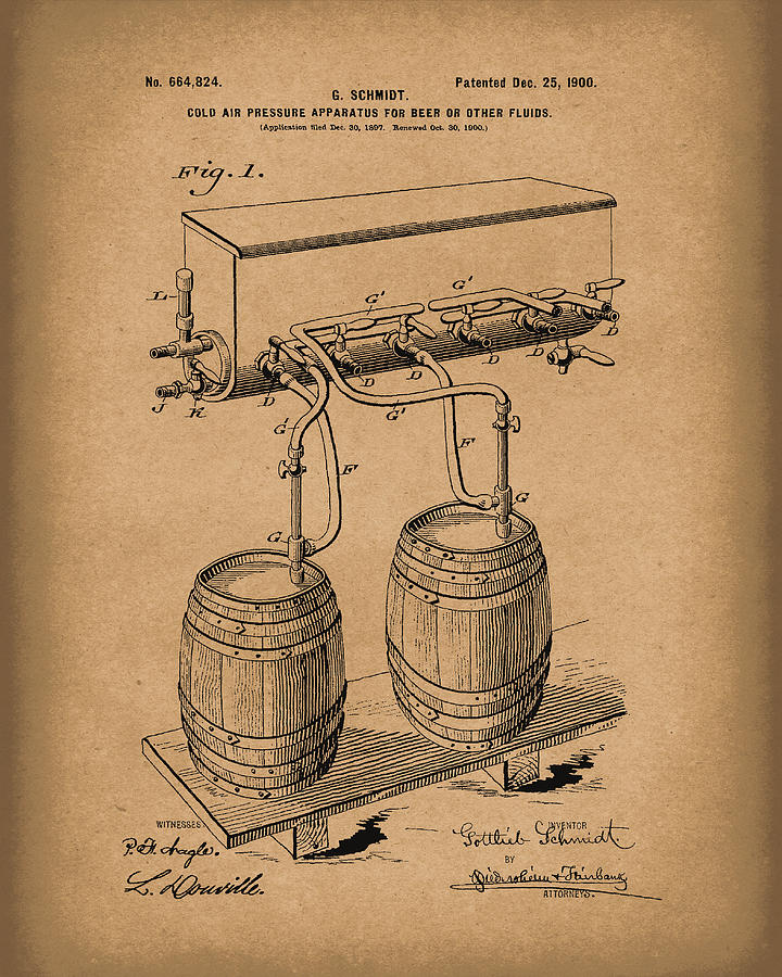 Pressure System for Beer 1900 Patent Art Brown Drawing by Prior Art Design