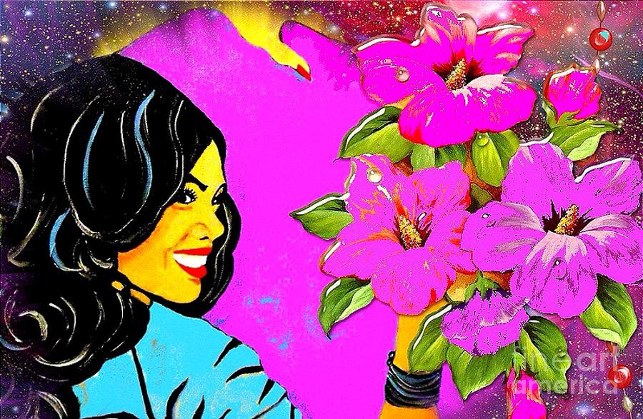 Pretty Girl and Flowers 3 Painting by Saundra Myles