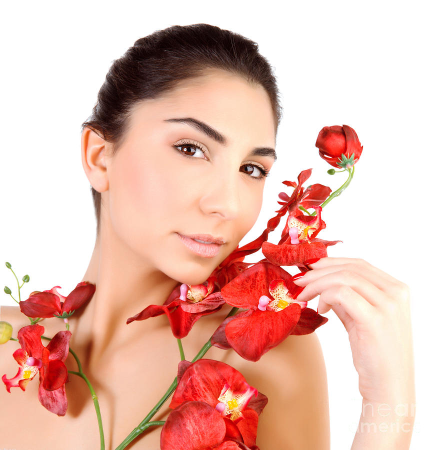 Pretty girl with red orchid flowers Photograph by Anna Om