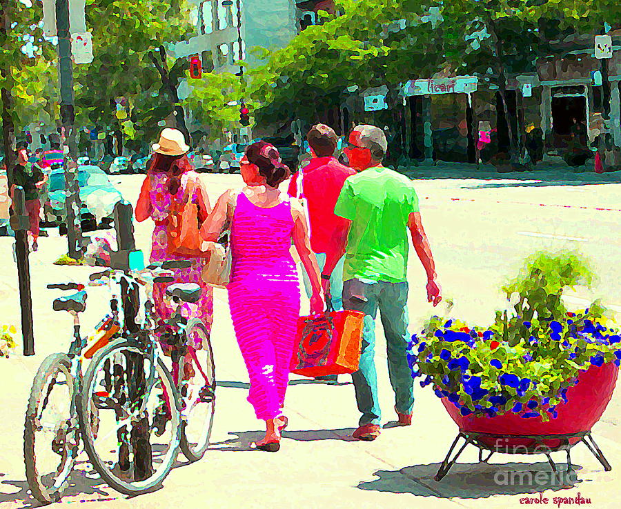 Pretty Pink Summer Dress Sunny Stroll Licari St Denis Scene Montreal Bike Racks And Flowers Cspandau Painting by Carole Spandau