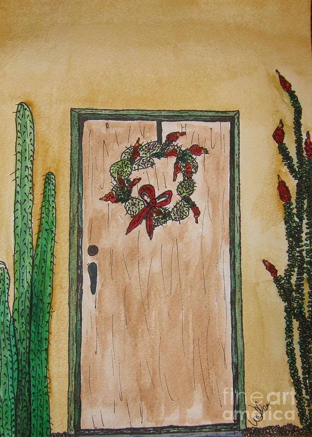 Christmas Painting - Prickly Pear Wreath by Marcia Weller-Wenbert
