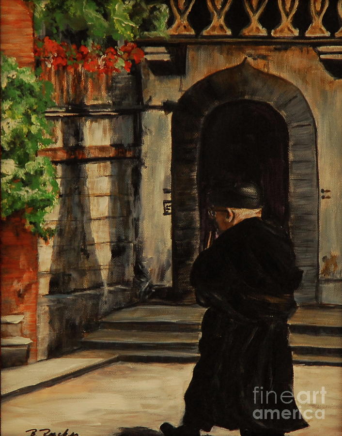 Priest crossing the piazza Painting by Bonnie Peacher