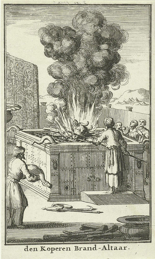 Bull Drawing - Priest Sacrifices Bull On The Altar Of Sacrifice by Jan Luyken And Willem Goeree
