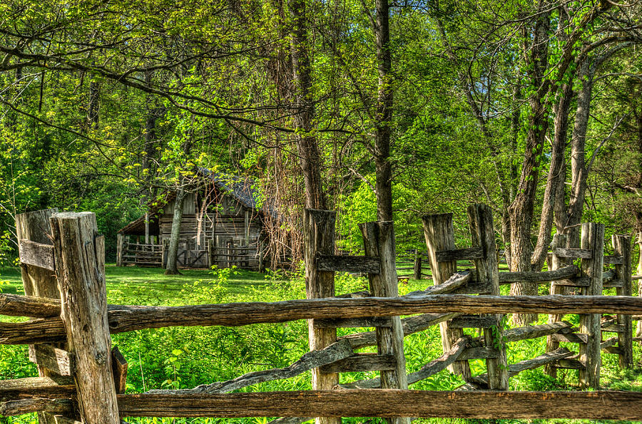 Tree Photograph - Primative Pioneer Barn and Fence by Douglas Barnett