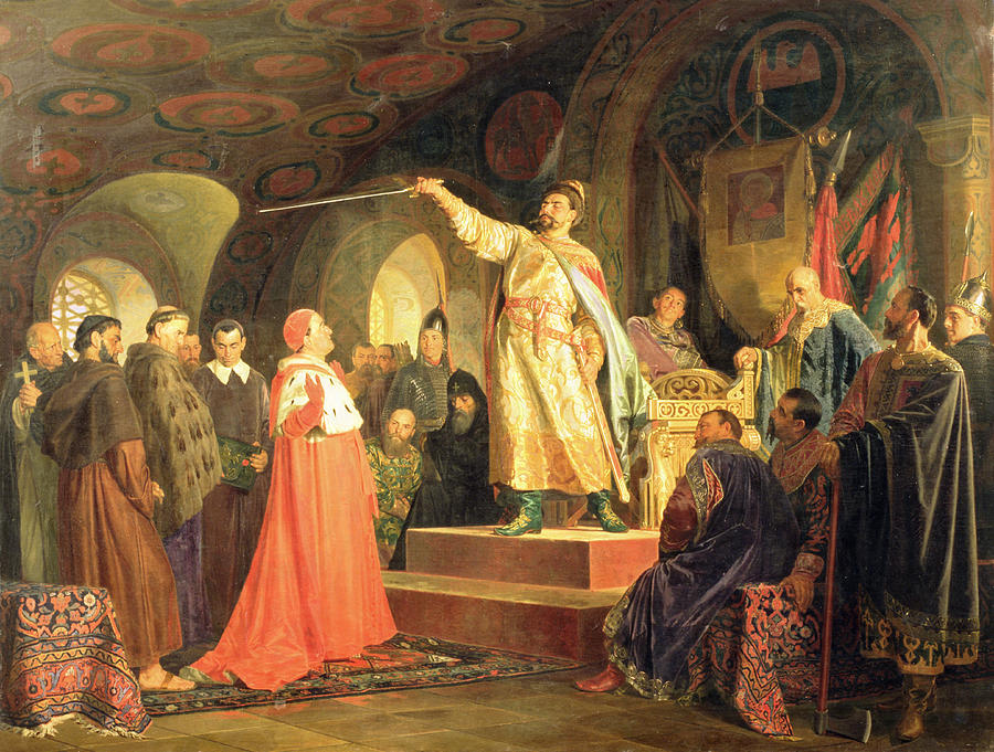 Byzantine Photograph - Prince Roman Of Halych-volhynia Receiving The Ambassadors Of Pope Innocent IIi, 1875 Oil On Canvas by Nikolai Vasilievich Nevrev