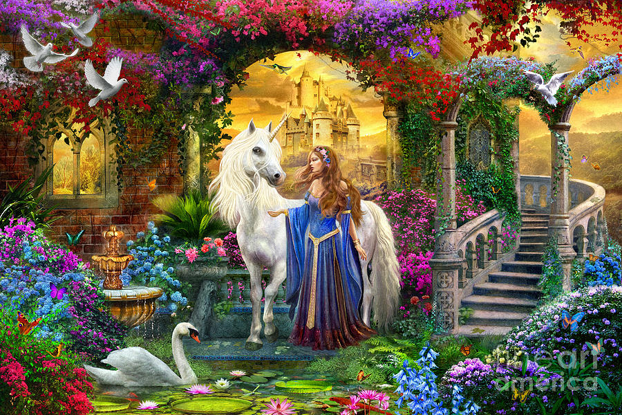 Fantasy Digital Art - Princess and Unicorn in the Cloisters by MGL Meiklejohn Graphics Licensing