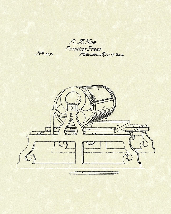 Printing Press 1844 Patent Art Drawing by Prior Art Design