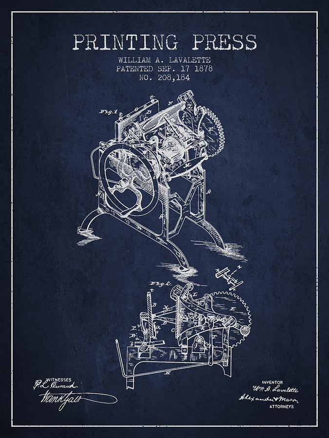 Vintage Digital Art - Printing Press Patent from 1878 - Navy Blue by Aged Pixel