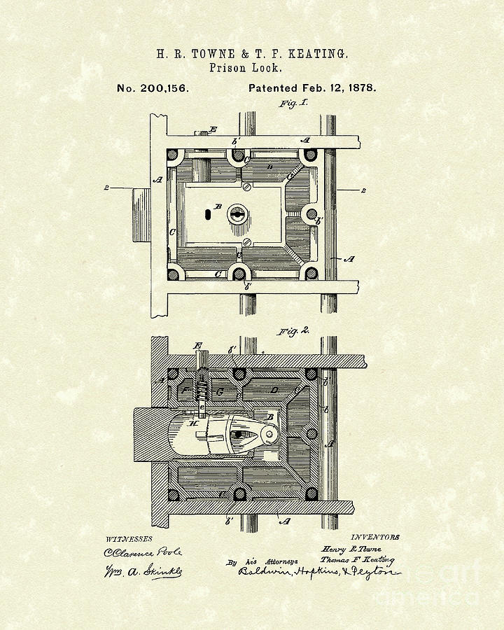 Prison Lock 1878 Patent Art  Drawing by Prior Art Design